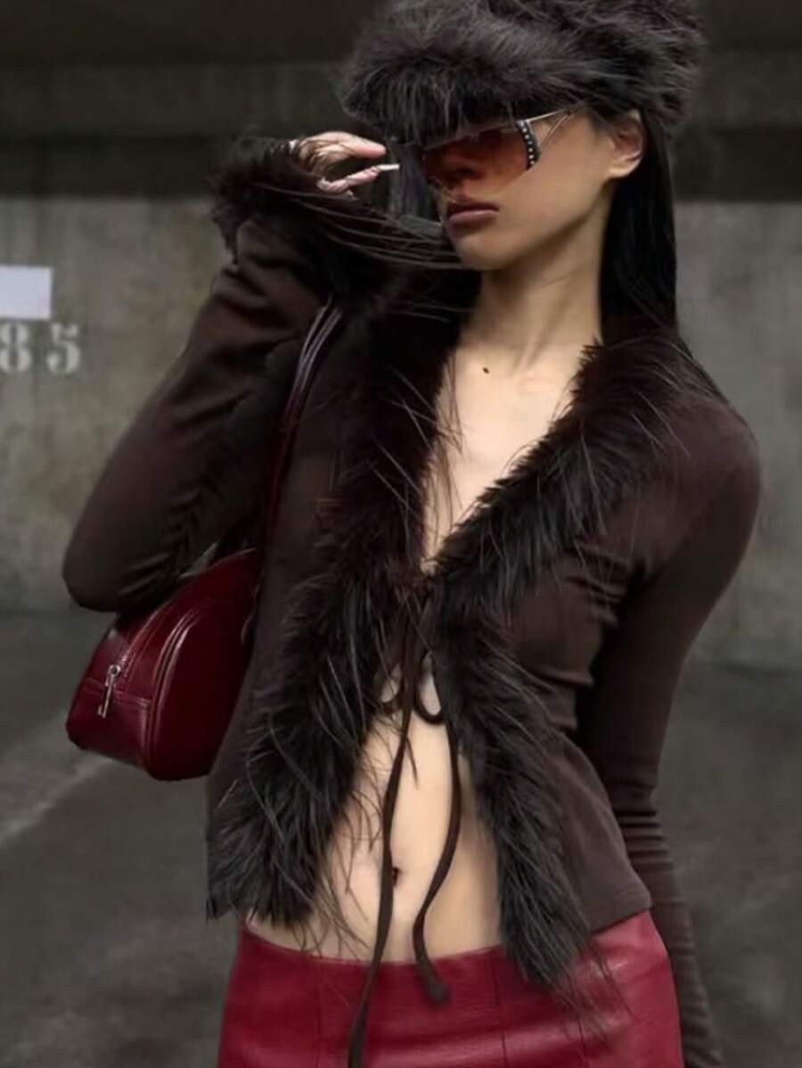 复古 Y2K 拼布蓬松边饰系带前开短款纹理针织开衫女式秋冬休闲毛衣上衣 - 棕色 - 查看 1