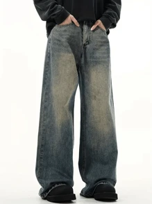 1pc Men's Straight Leg Retro Blue Denim Jeans - Blue - View 3