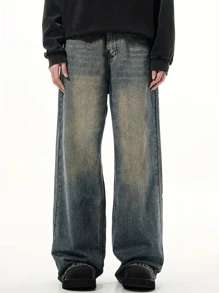 1pc Men's Straight Leg Retro Blue Denim Jeans - Blue - View 4