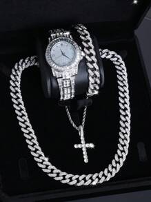 4 件/套 欧美嘻哈时尚手链项链套装 配闪亮石英表和吊坠项链，时尚男士配饰，送给爸爸、男朋友、兄弟的最佳礼物 - A - 查看 6