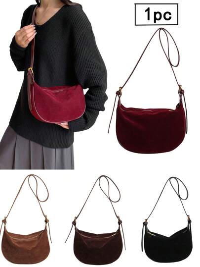 One Piece, Retro Simple Casual, Shoulder Cross-Body Bag, Solid Color Suede Crescent Bag, Suitable For Women'S Casual Street And Daily Commuting
