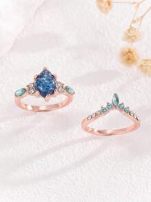 2 件套时尚创意精致独特波西米亚风格婚礼订婚戒指，适合女性日常佩戴 - 彩色 - 查看 1