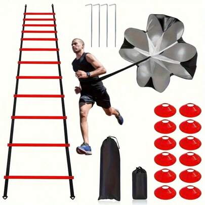 1 Set Football Agility Ladder Kit, Includes Cones, Resistance Parachute, Ground Pegs, Soccer Training Obstacle Equipment For Speed And Agility