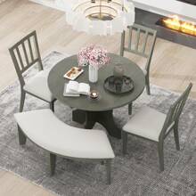 MERAX 5-Piece Rustic Charm Round Dining Set With 3 Upholstered Chairs And Curved Bench For Dining Room, Kitchen And Living Room - Grey - View 1