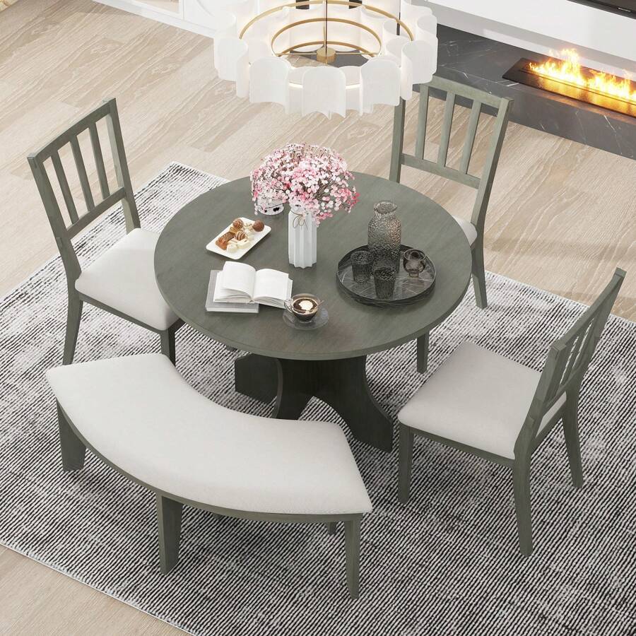 MERAX 5-Piece Rustic Charm Round Dining Set With 3 Upholstered Chairs And Curved Bench For Dining Room, Kitchen And Living Room - Grey - View 1