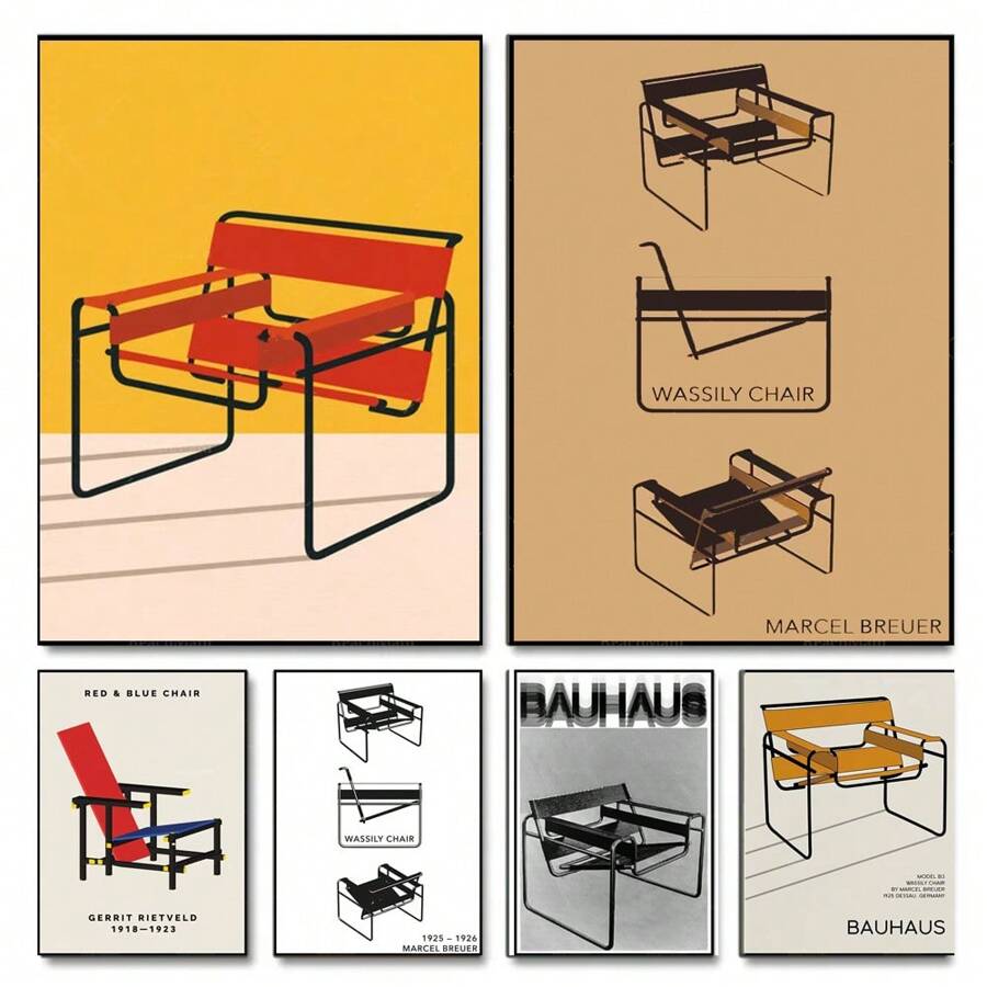1 tấm áp phích nghệ thuật treo tường Khung tùy chọn Tranh in Bauhaus cổ điển, Áp phích triển lãm ghế Breuer Wassily, Trang trí văn phòng Scandinavia trừu tượng tối giản, Ý tưởng quà tặng, Không khung