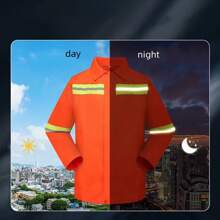 一套高能见度反光工作服，耐用的防静电夹克和裤子组合，时尚的对比色，道路维护制服 - 橘色 - 查看 2