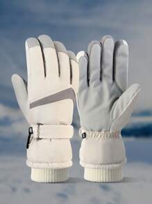 1 Paio di guanti multicolore da sci invernale da esterno, accessorio casual da uomo con cinque dita, dotati di fodera in pelliccia calda, tessuto antivento e anti-pioggia, funzione antiscivolo sul palmo, funzione touch screen sulle dita, adatti per ciclismo invernale, sci e attività all''aperto