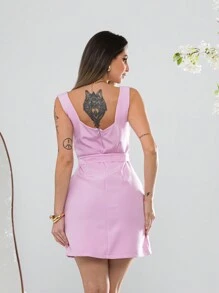 Short Tailored Dress With Thick Straps V3019 - Baby Pink - View 2