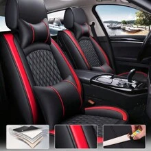 Cobear 5-Seater Car Seat Cover Complete Set With Headrests And Cushions, Made Of PU Leather, Breathable, Soft, Non-Slip, Abrasion-Resistant, Easy Installation And Cleaning, Universal Fit For Cars, SUVs, And Vvans, Car Seat Protectors As Car Interior Decoration And Car Accessories For All Seasons Ct0008 - 黑色和紅色 - 查看 4