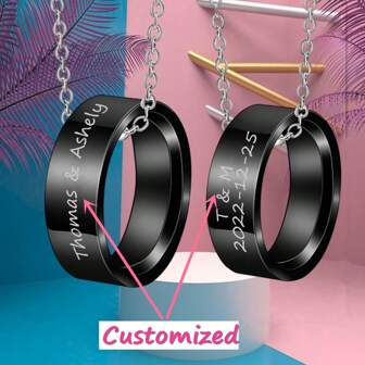2pcs Custom Engraved Name His & Hers Love Matching Rings Necklace Set, Personalized Couple Rings Pendants With Chain For Men Women, Stainless Steel Couples Jewelry BF GF Spouse Gifts For Valentines Anniversary Christmas Wedding Birthday,New Year Glamour