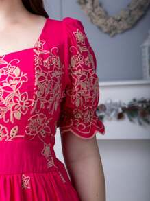 Lese Elegant Embroidered Cotton Short Sleeve Midi Dress - Màu Hồng Tươi - Xem 3