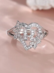 Tsnamer 1枚精美立方氧化锆金色字母心形戒指，26个字母A-Z可定制姓名花朵图案，可调节开口手镯式戒指，适合女性和女孩日常佩戴，生日珠宝礼物 - 銀色 - 查看 15