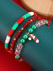 Fashionable New Christmas Soft Clay Handmade Bead Letter Santa Claus, Snowflake, Reindeer Stretch Bracelet Set, Suitable For Women Daily, Party, Holiday Wear