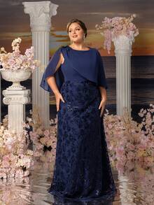 Faeriesty Váy dự tiệc cho mẹ cô dâu tay áo voan vai đính hoa đính sequin Mosy Plus - Màu xanh hải quân - Xem 7