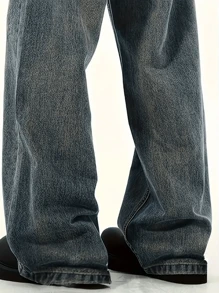 1pc Men's Straight Leg Retro Blue Denim Jeans - Blue - View 5
