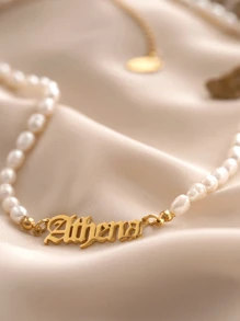 ABL Minimalist 个性化珍珠名字项链，定制 18K 镀金不锈钢精致颈链，极简主义珍珠首饰，送给她的礼物，母亲节礼物，情人节礼物，伴娘礼物，婚礼礼物 - 彩色 - 查看 5