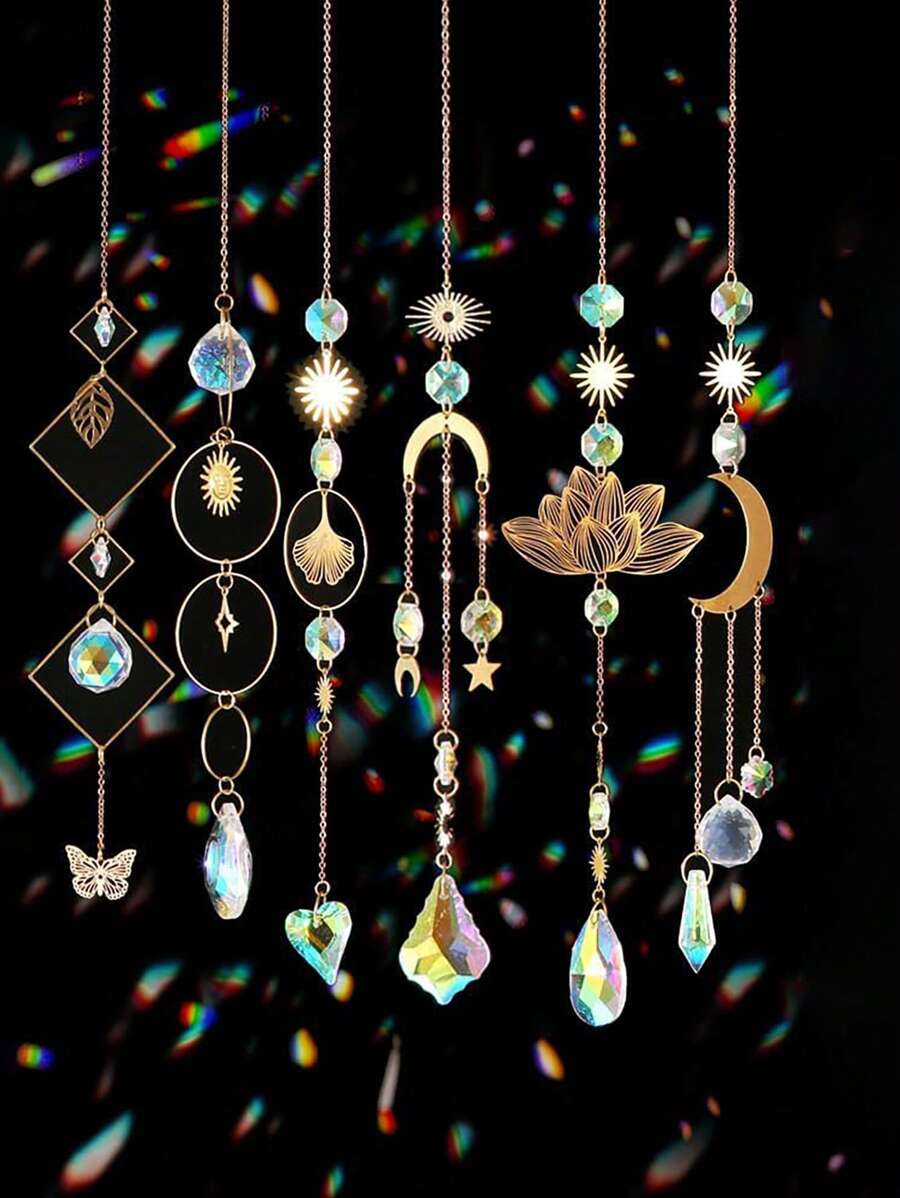 1PC/6PCS Artificial Crystal Wind Chime Pendant, Star Moon Lotus Sun Prism Ball Light Catcher, Home Room Decoration, Window Light Collection Pendant, Outdoor Wedding Party Supplies Rama Decoration,Home Decor ,Room Decor,Wall Decor Gifts Birthday Graduation E-I-D