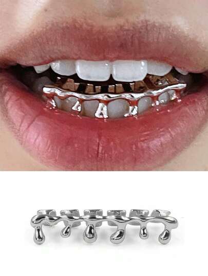 1 件酷炫欧美嘻哈风格镀金水滴牙套，适用于下牙，6 颗牙齿，经典 18K 镀金铜牙科级嘻哈风格烤架装饰