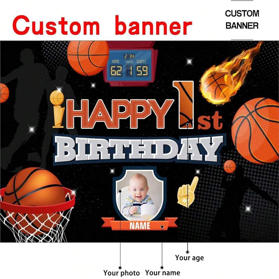 1 Pc Custom Basketball Themed Birthday Decoration Banner With Personalized Photo And Name