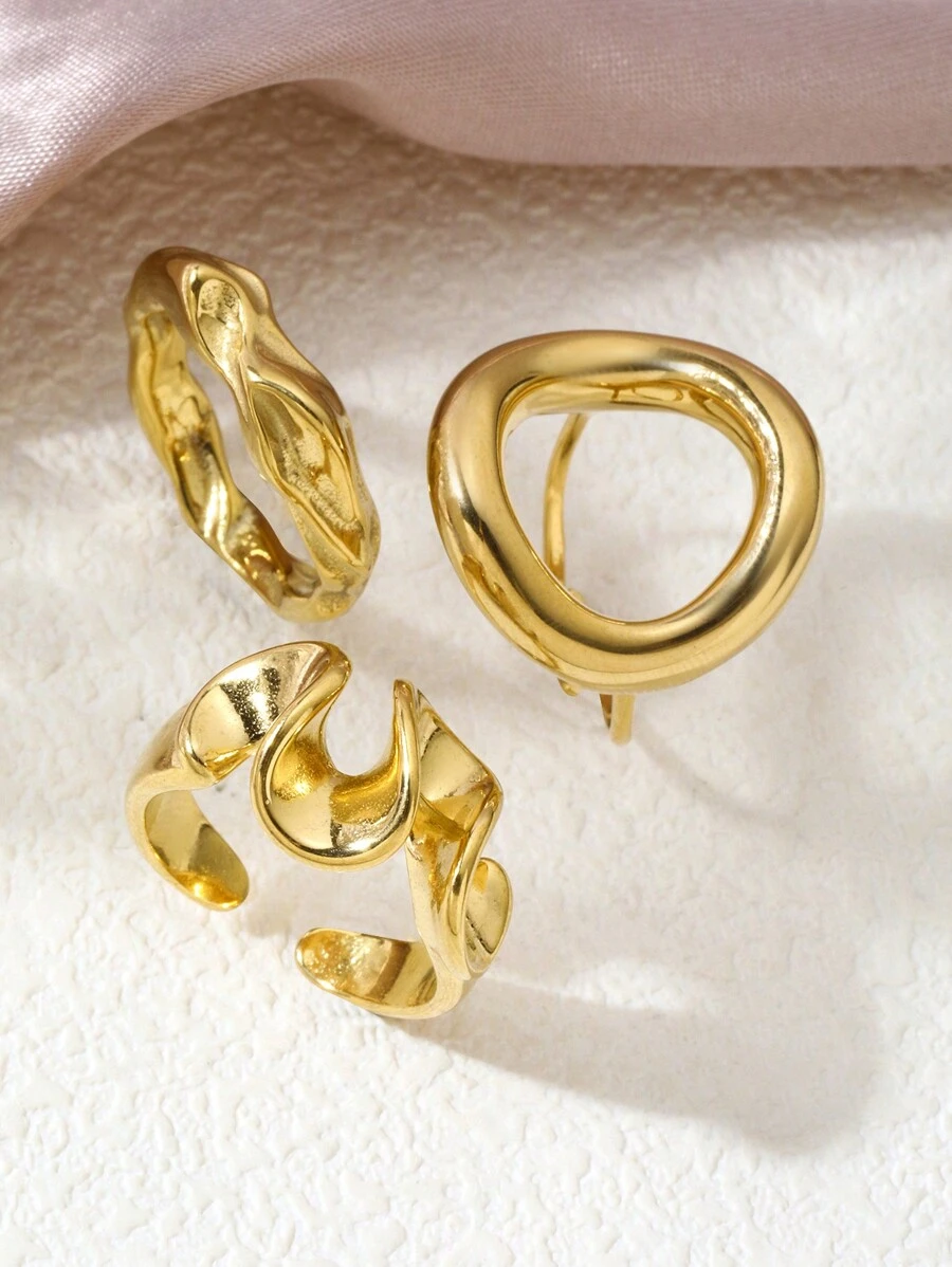 3 件/套时尚个性化金鼓戒指套装不锈钢 18k 镀金女士金戒指全圆波浪戒指女士礼物女士礼物日常佩戴 - 金色 - 查看 1