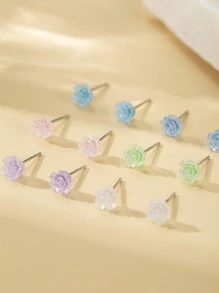 Bộ 6 bông tai đính đá hoa nhựa thời trang dễ thương, phụ kiện trang sức làm quà tặng, thích hợp để đeo hàng ngày cho phụ nữ và trẻ em gái - Nhiều màu - Xem 5