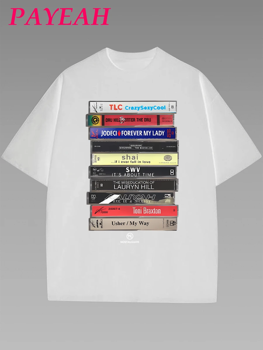 90s Tape Print Casual Women's Classic T-Shirt 1 Pcs 220g Heavy Cotton T Shirt - trắng - Xem 1