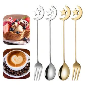 6 قطع ملاعق قهوة، وشوكات حلوى وشوكات تتبيل من الفولاذ المقاوم للصدأ بتصميم نجوم وأقمار هلالية للعودة إلى المدرسة
