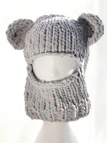 1pc Abby-Style Face Mask With Bear Ears Knitted Lined Ear Warmer Hood Knit Beanie, Warm For Autumn/Winter Winter Christmas Beanie Hat - 1pcs - View 4