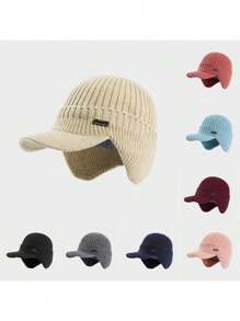 Unisex Winter Warm Fleece Lined Knitted Peaked Beanie Baseball Cap Earflap Hats - Black - View 2