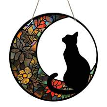 花月黑猫窗户挂饰双面亚克力捕光器壁挂装饰品适用于家庭室内室外花园装饰，送给猫迷的乔迁礼物