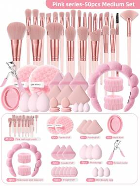 Set de 25/50 piezas de herramientas de maquillaje que incluye: 25 piezas de set de brochas de maquillaje + 3 esponjas de maquillaje + 3 esponjas de maquillaje mini + 3 borlas de polvo triangulares + 6 borlas de polvo de cojín de aire mini + 1 diadema + 2 correas de cuenco de mano + 1 herramienta de limpieza de brochas de maquillaje + 2 esponjas de limpieza facial + 3 bolas de malvavisco + 1 rizador de pestañas