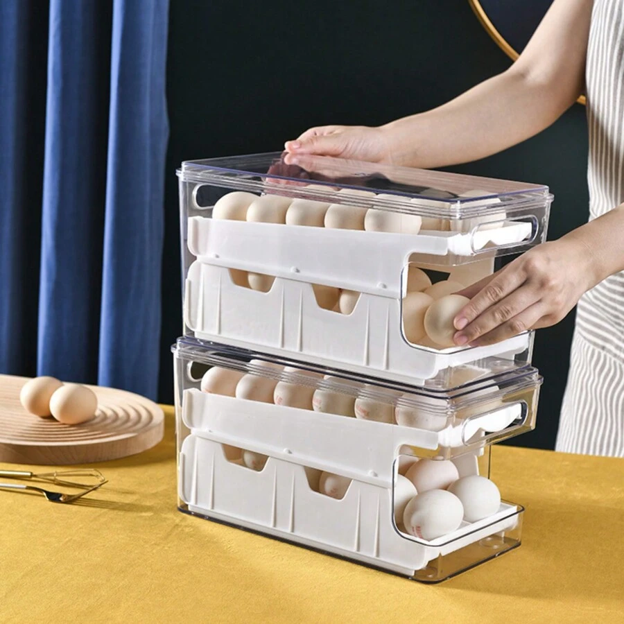 1pc Slide-Type Egg Storage Box Double-Layer Automatic Filling Egg Box Kitchen Thick Roll-Egg Type Duck Egg Fresh-Keeping Box - White - View 1