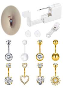 CIZME 7PCS/Set Belly Button Piercing Kit Gun Belly Piercing Kit Belly Button Piercing Gun Navel Piercing Kit Belly Button Ring Piercing Kit Silver Gold Belly Piercing Gun For Women - White - View 1