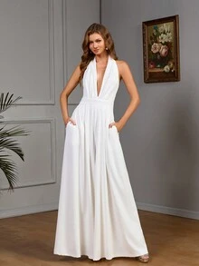 Mono de fiesta para mujer de pierna ancha con cuello de halter y espalda abierta