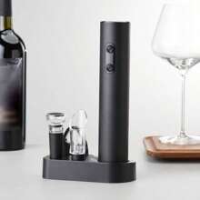 Electric Wine Bottle Opener, Ideal For Parties And Wine Enthusiasts - Kitchen Gadget Gift, Easy Corkscrew & Decanter, Battery-Operated (Batteries Not Included). Available In Set And Single Unit Versions. Set Includes: Bottle Opener, Foil Cutter, Pourer, Pull-Out Vacuum Stopper, Storage Base.
