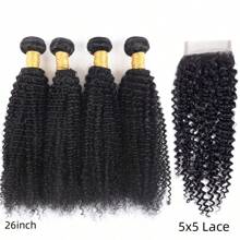 Kareenma 4 Kinky Curly Hair Bundles With 5x5 Lace Closure Brazilian Human Hair Bundles Kinky Curly Lace Closure Raw 12A Unprocessed Human Hair Weave Remy Natural Color 5x5 Free Part 150% Density Transparent Lace For Women - Đóng ren 5x5 - Xem 2