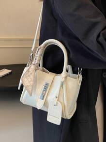 1pc Fashion Minimalist Lock Decor PU Tote Bag Crossbody Shoulder Handbag With Scarf, Suitable For Daily Use - Beige - View 6