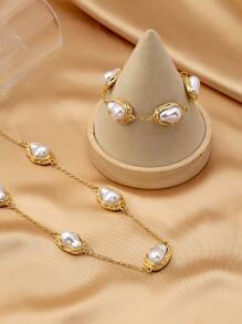 Bộ trang sức vòng cổ và vòng tay ngọc trai bất đối xứng 2 món/bộ, món quà lãng mạn và phong cách cho phụ nữ - D-vàng + trắng - Xem 5