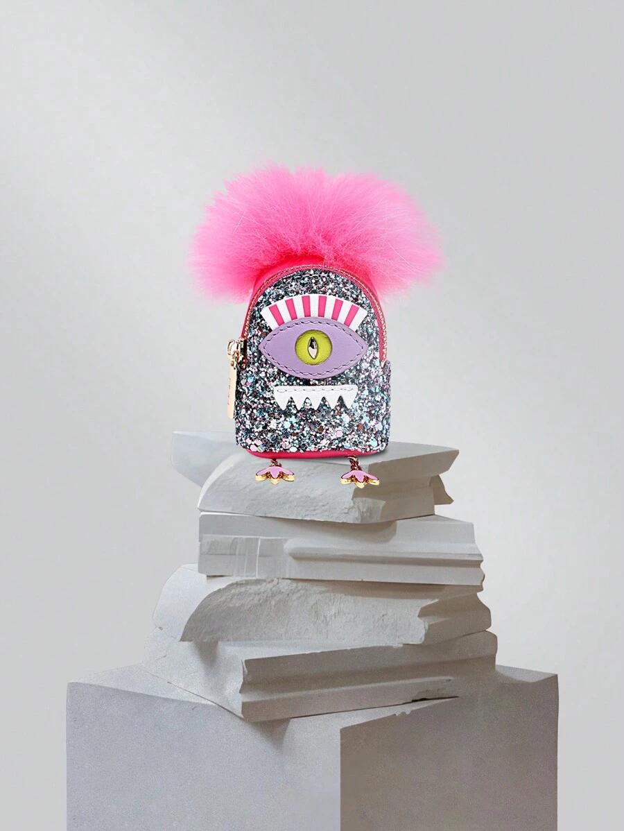 FION X Little Monster Jacquard With Leather Backpack Daily Bag Fashion Compact Shoulder Bag Pink Hair And Pendant