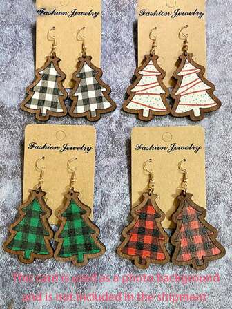 2 件复古木质和醋酸纤维格子、圆点和弧形圣诞树装饰耳环，女士节日派对礼物