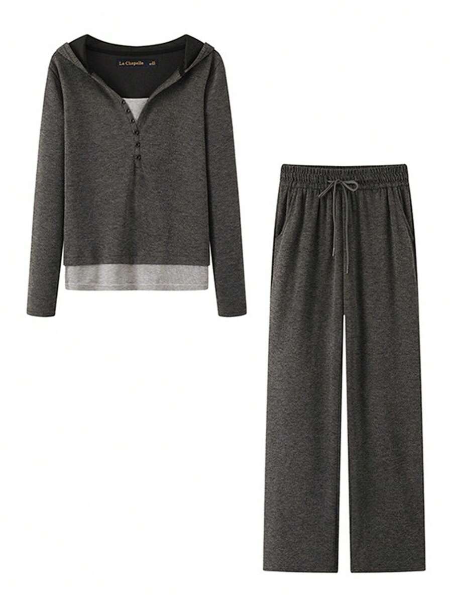 Traje deportivo casual y a la moda para mujer, pantalones de pierna ancha sueltos, elegantes y delgados, chill top y pantalones con capucha para otoño e invierno, textura suave y cómoda, tops transpirables de tallas grandes, adecuados para fiestas, Navidad, reuniones, deportes, jogging, ejercicio, golf y ropa diaria de trabajo. - Gris Oscuro - Ver 1