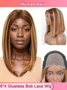 Peluca de cabello humano corta tipo bob con ombré y mechas, 6x4 pulgadas, sin pegamento, con ombré en 4/27, cabello prepluckeado, peluca frontal de encaje con pelo del bebé, lista para usar para principiantes, densidad de 180 - SP4/27 - Ver 1