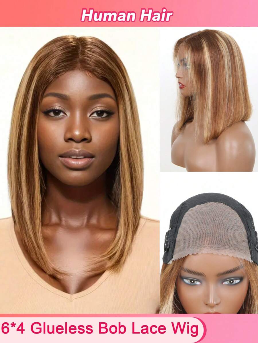 Peluca de cabello humano corta tipo bob con ombré y mechas, 6x4 pulgadas, sin pegamento, con ombré en 4/27, cabello prepluckeado, peluca frontal de encaje con pelo del bebé, lista para usar para principiantes, densidad de 180 - SP4/27 - Ver 1