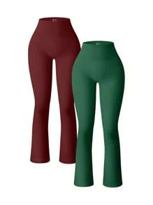 OQQ Women's 2 Piece Yoga Pants Ribbed Seamless Workout High Waist Bell Bottoms Flare Leggings - Darkred,Darkgreen - View 1