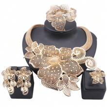 Phụ kiện cưới cô dâu mạ vàng Vòng cổ hoa Hoa tai Nhẫn Vòng tay Bộ trang sức dạ hội - bộ 4 món - Xem 16