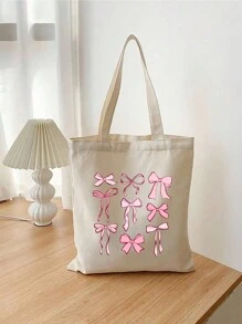 1pc Nine Pink Bow Pattern Women'S Handbags, Reusable Shopping Bags, Foldable Large Capacity Casual Shopping Bags, Simple Bohemian Handbags, Suitable For Work, Travel, Shopping, School Bags, Large Capacity, Portable, Christmas Gift, Cute Bow Bag For Women