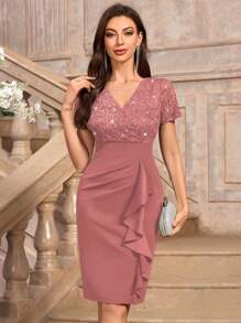 MIUSOL V-Neck Sequin Floral Lace Short Sleeve Ruffle Trim Cocktail Party Bodycon Dress Wedding Guest Dress - Dusty Pink - View 6