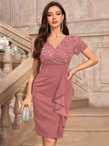MIUSOL V-Neck Sequin Floral Lace Short Sleeve Ruffle Trim Cocktail Party Bodycon Dress Wedding Guest Dress