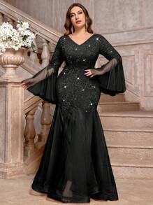 Plus Size V-Neck Floral Lace Sequin Insert Contrast Mesh Long Sleeve Mermaid Hem Evening Party Maxi Dress, Valentine's Day Dress,, Wedding Guest Dress, Prom Dress, For Birthday, Homecoming, Festivals - Black - View 6
